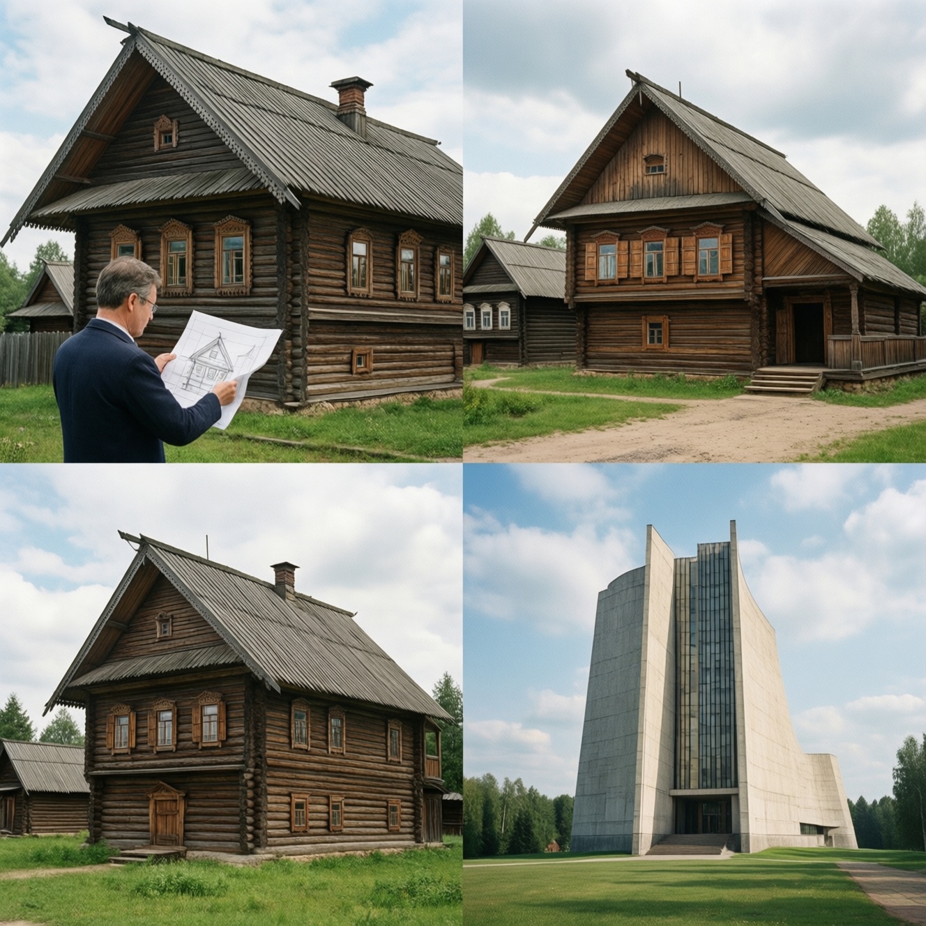 Архитектурные контрасты: деревянное зодчество и советский модернизм с конструктивизмом